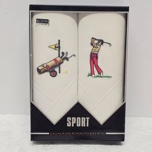 Vintage Sport Handkerchiefs Embroidered Golf Theme White Cotton Set Of 2 NWT